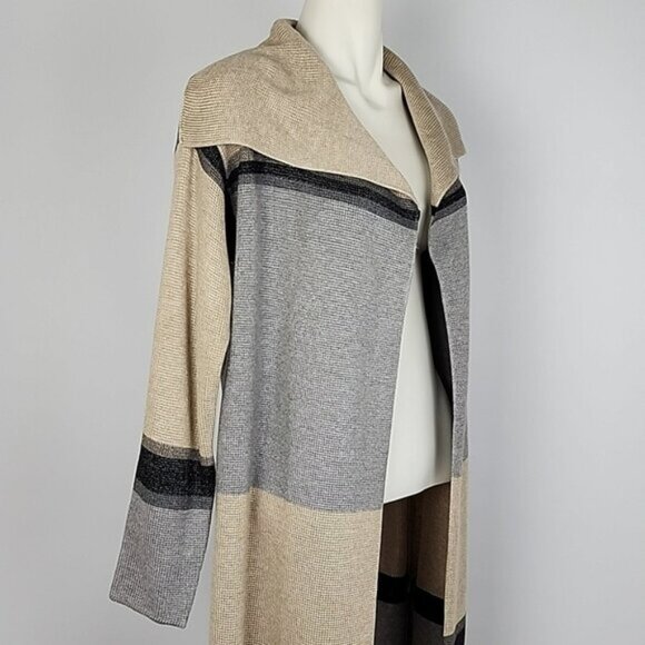 Calvin Klein Colorblock Tan Grey Open Front Long Knit Cardigan Wide Collar Sz S - Picture 2 of 12